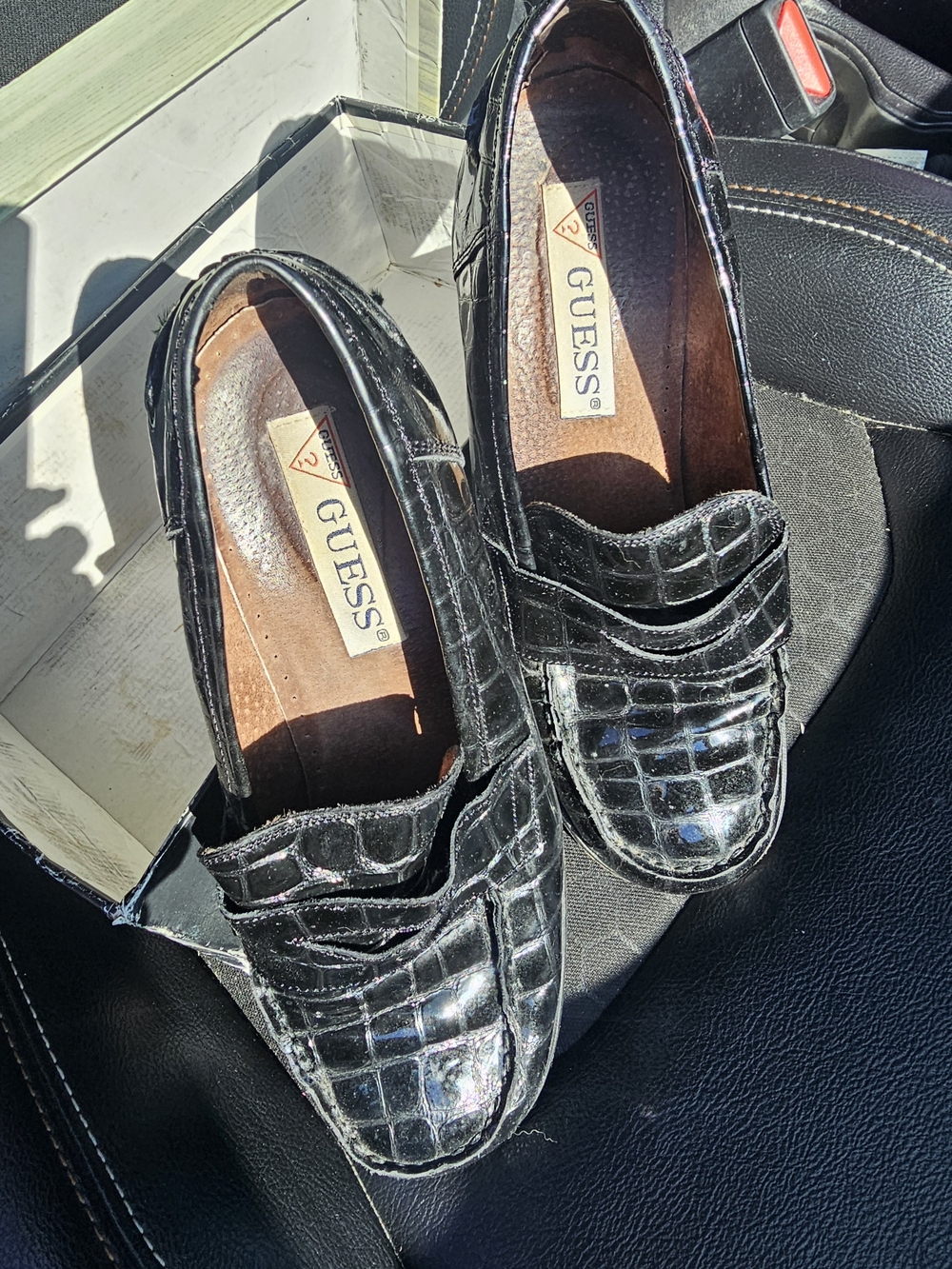GUESS Black Croc-Embossed Patent Penny Loafers
